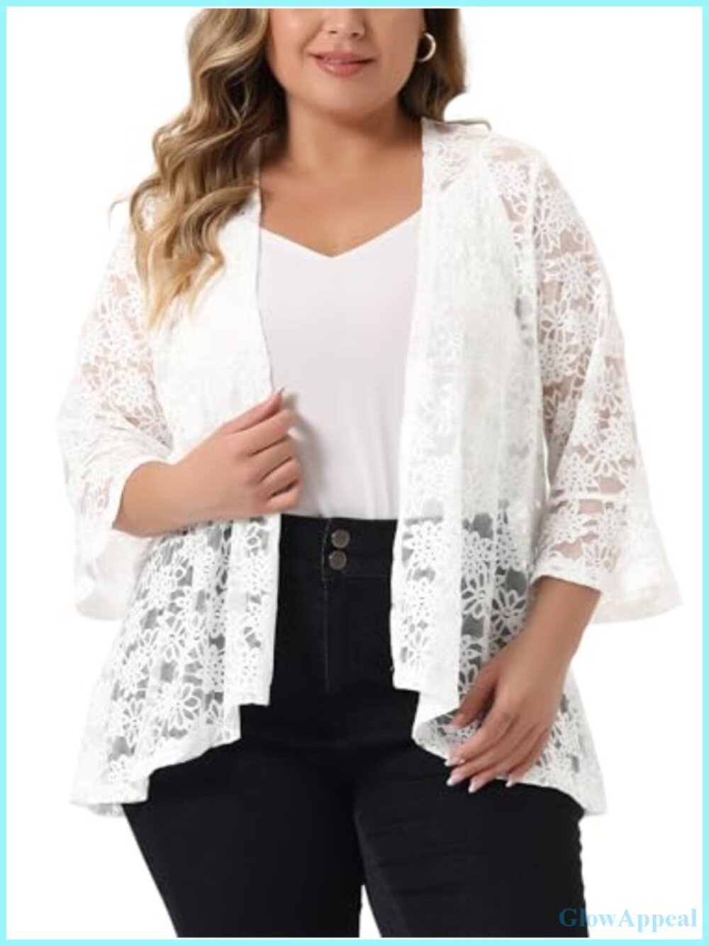 Plus Size Lace Cardigans Open Front 3/4 Sleeve Sheer Bolero Shrugs